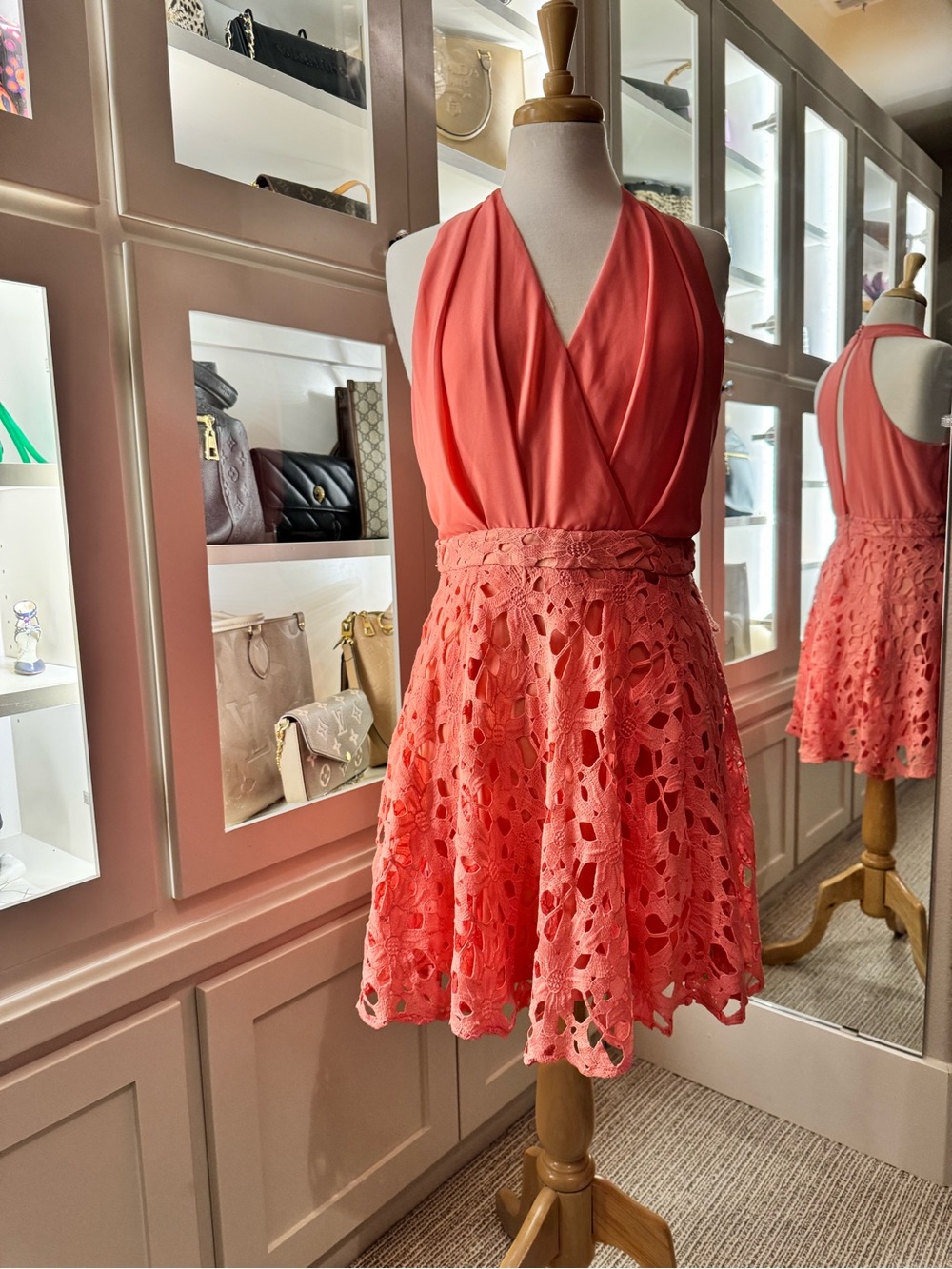 Coral Halter Lace Fit & Flare Dress
